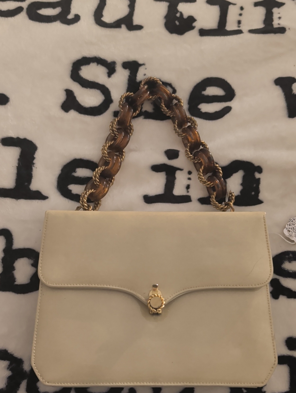 1960s Cream Shoulder Bag with Tortoiseshell-Style Chain Handle